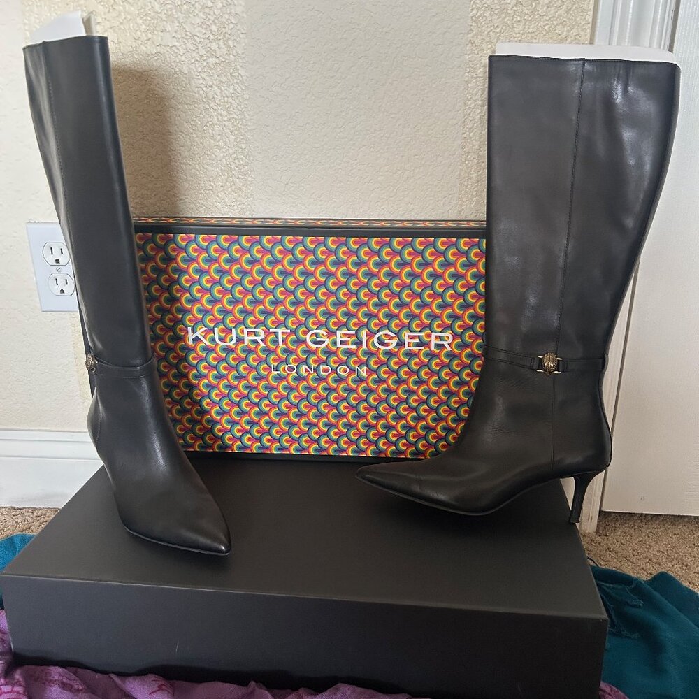 Kurt Geiger London Black Leather Knee High Boots - Pointed Toe, Gold Zip